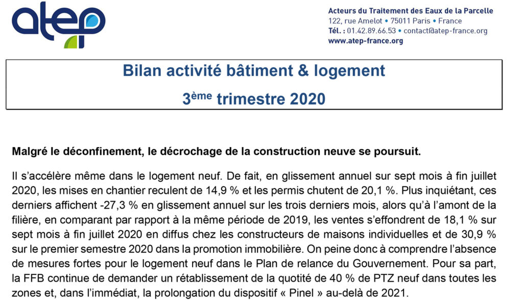 Note de conjoncture ATEP N°1 « Bilan activité bâtiment & logement 3ème trimestre 2020 »