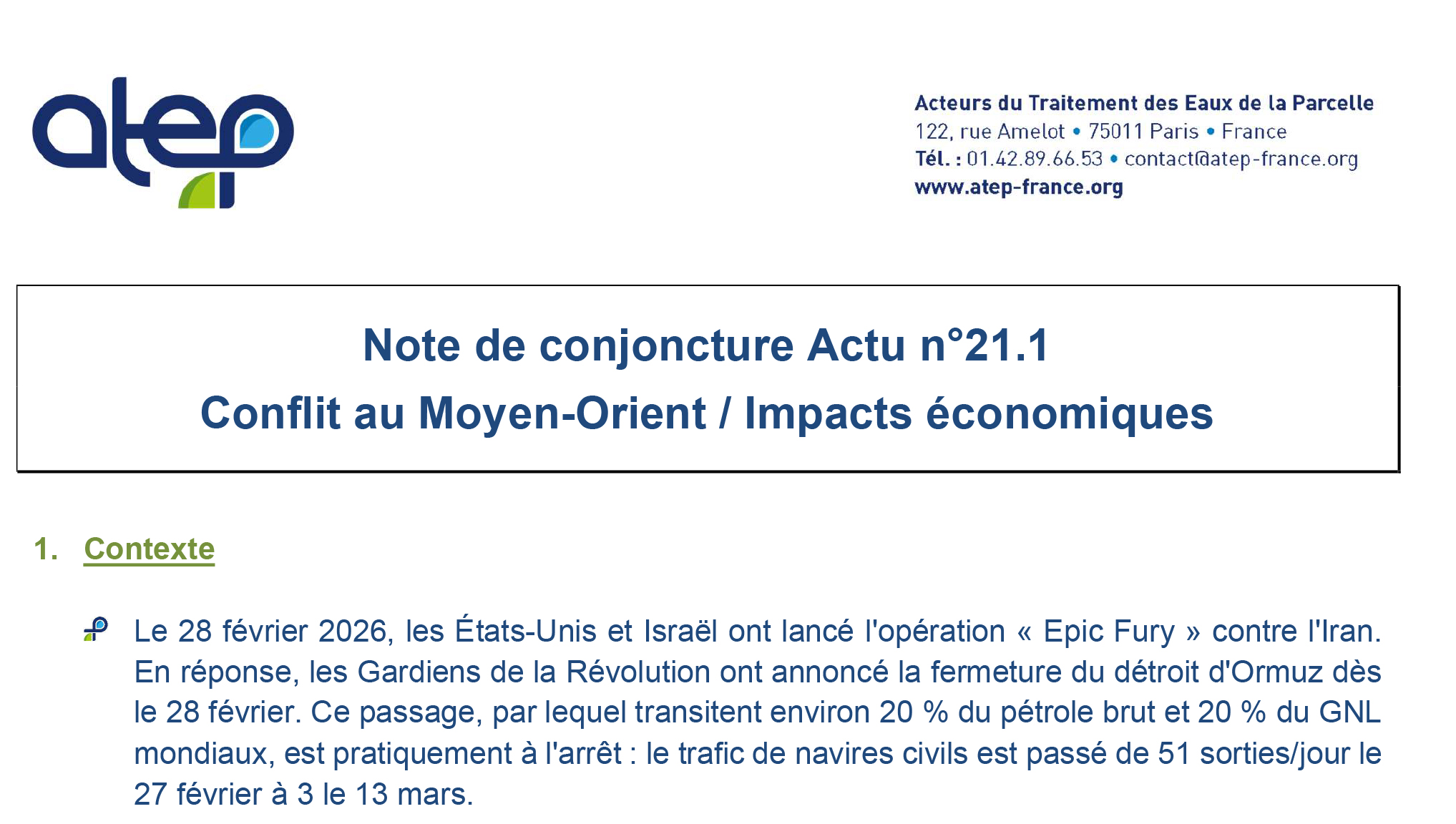 Note de conjoncture Actu n°21.1 Conflit au Moyen-Orient / Impacts économiques